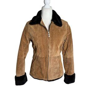 Vintage 90s Suede Leather Jacket Medium Black Faux Fur Lining Collar Cuffs Zip